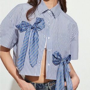Striped Blue Blouse with Bow Accents